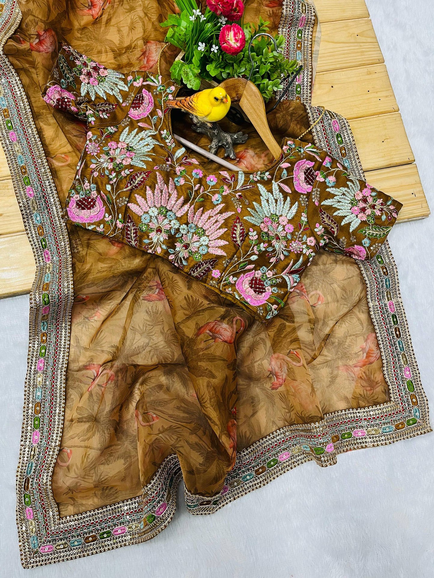 Smooth Organza Beautiful 3D Floral Sublimation Printed Design Saree