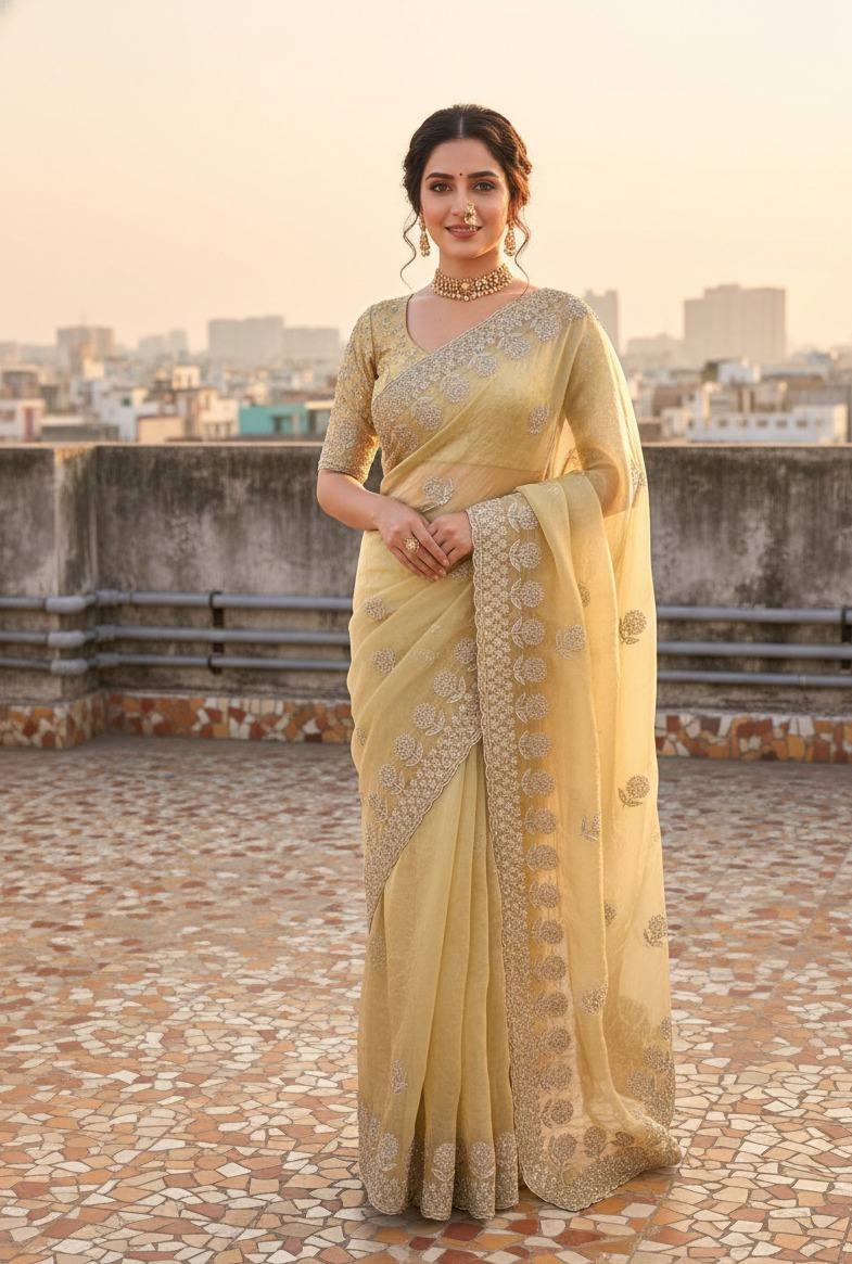 Premium Fandy satin with c pallu bits embroidery work saree