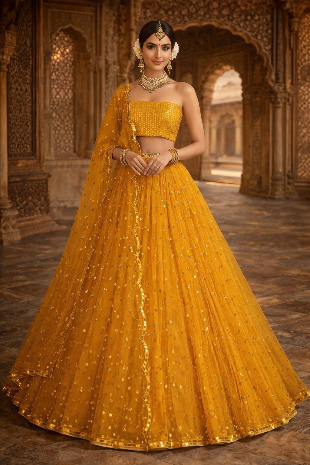 Sehen Sie umwerfend aus in diesem wunderschönen cremefarbenen Lehenga-Set