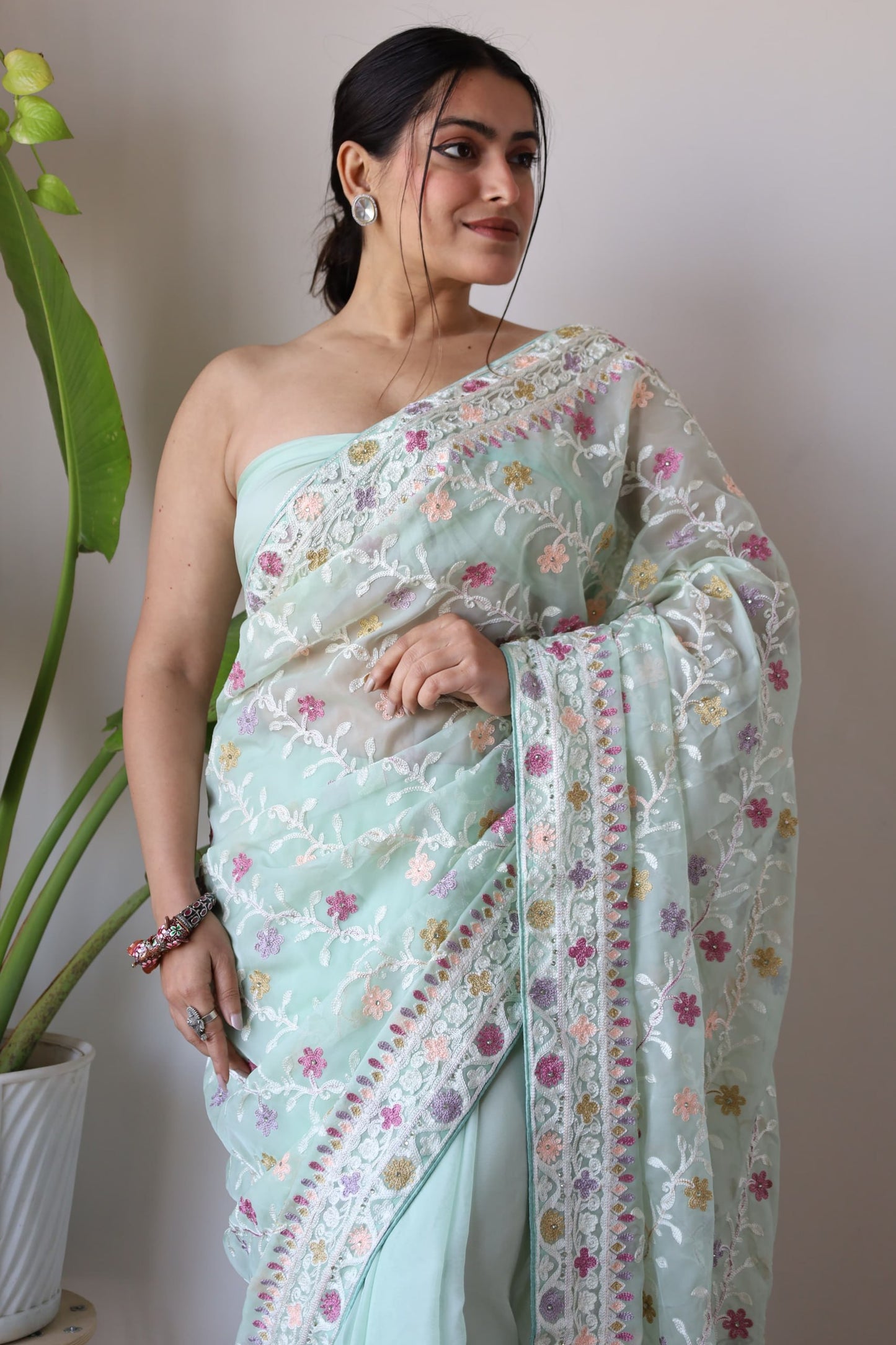 Heavy Butterfly Net Beautiful Mallty Colour Aari Embroidery Work Saree