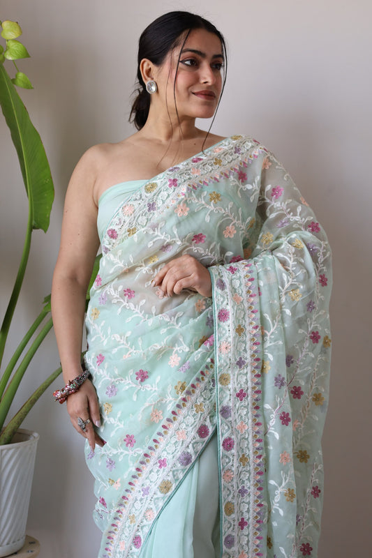 Heavy Butterfly Net Beautiful Mallty Colour Aari Embroidery Work Saree