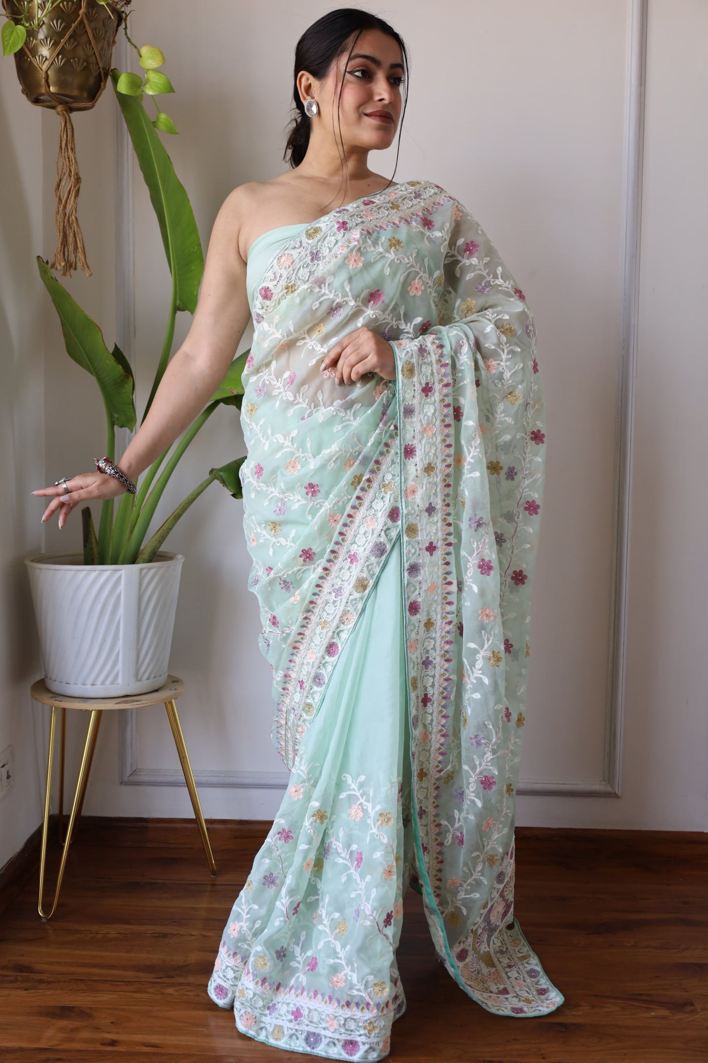 Heavy Butterfly Net Beautiful Mallty Colour Aari Embroidery Work Saree