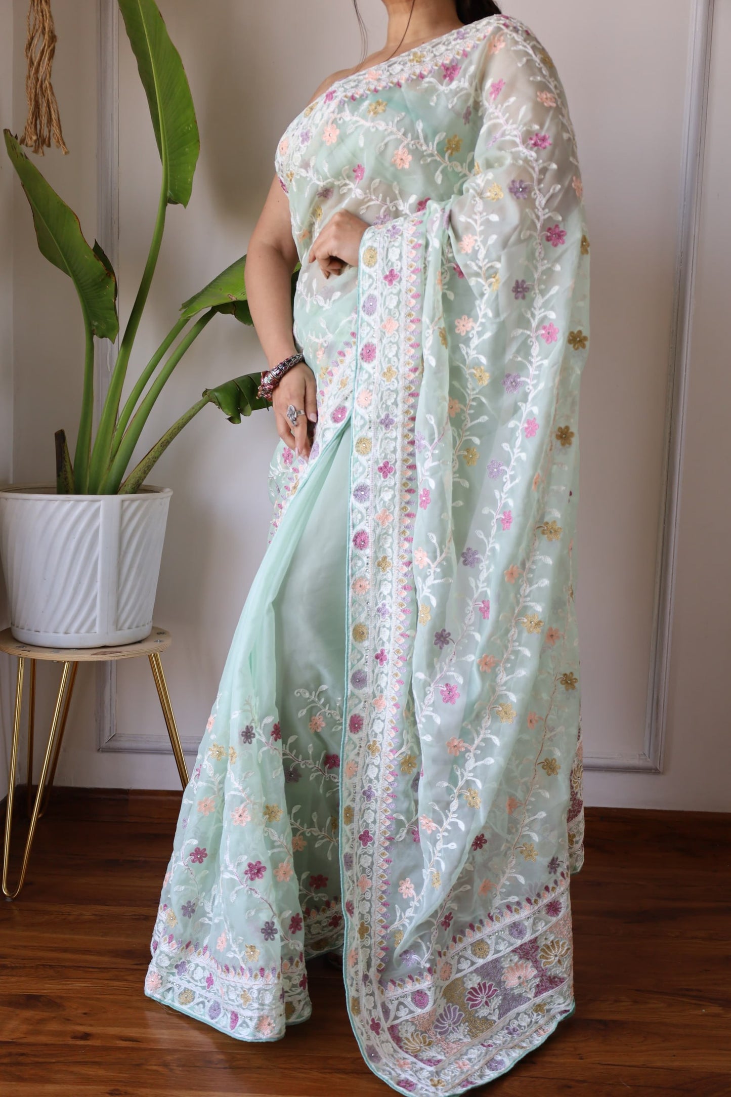 Heavy Butterfly Net Beautiful Mallty Colour Aari Embroidery Work Saree