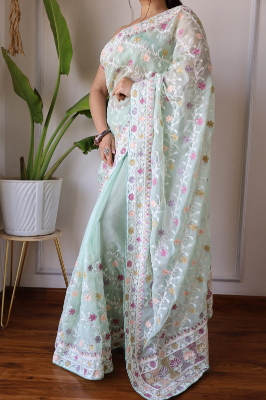Heavy Butterfly Net Beautiful Mallty Colour Aari Embroidery Work Saree