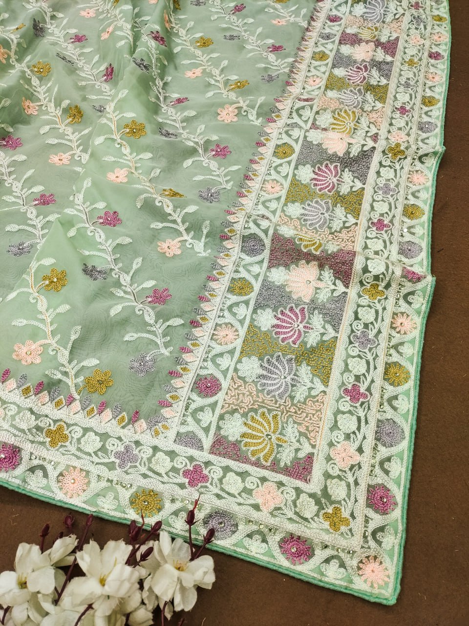 Heavy Butterfly Net Beautiful Mallty Colour Aari Embroidery Work Saree