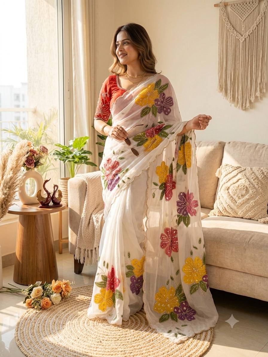Soft Tebby Silk Beautiful floral hand print with beads and sequins work saree