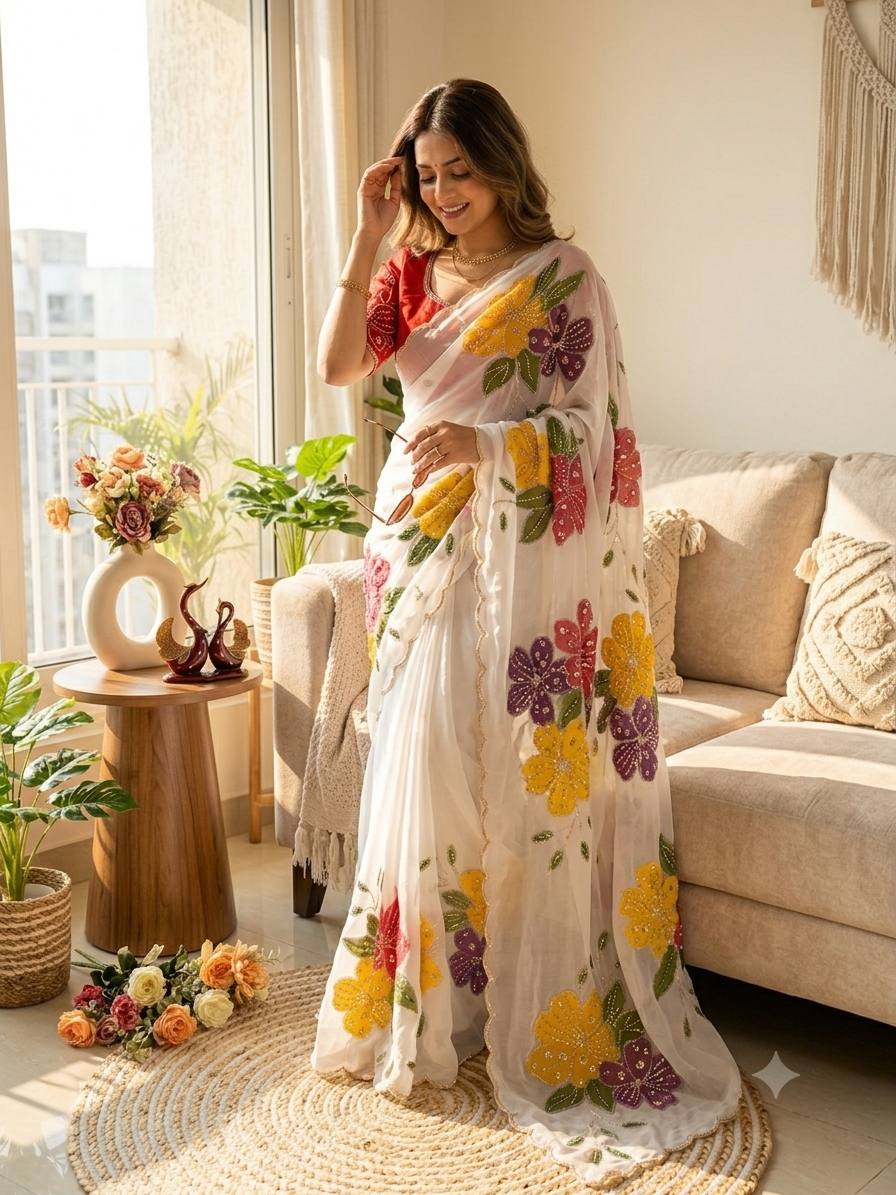 Soft Tebby Silk Beautiful floral hand print with beads and sequins work saree