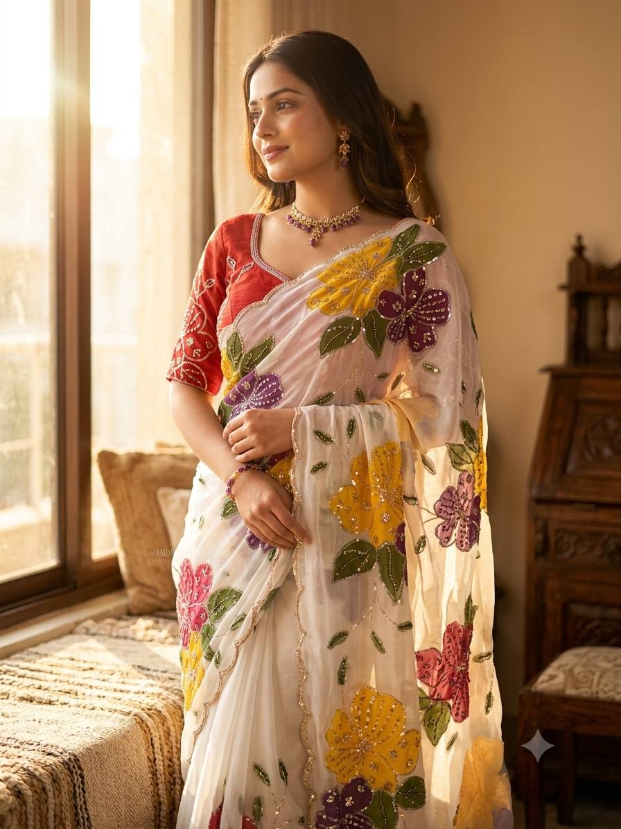 Soft Tebby Silk Beautiful floral hand print with beads and sequins work saree