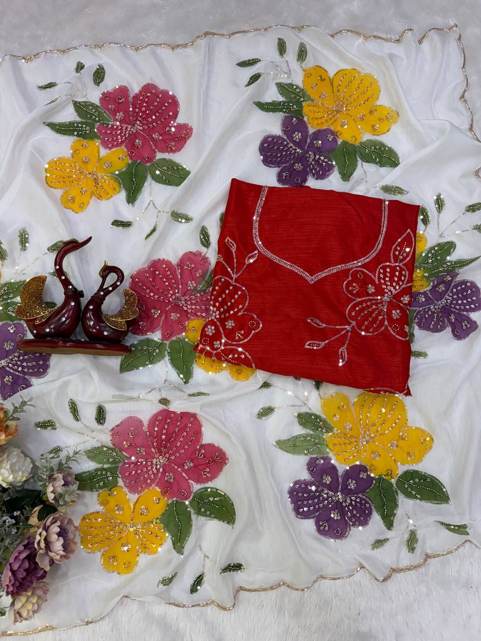 Soft Tebby Silk Beautiful floral hand print with beads and sequins work saree