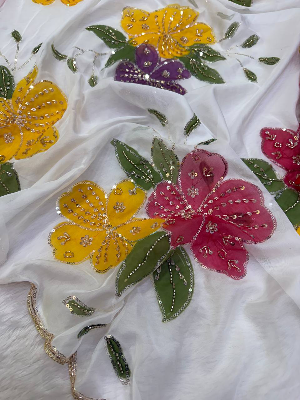 Soft Tebby Silk Beautiful floral hand print with beads and sequins work saree