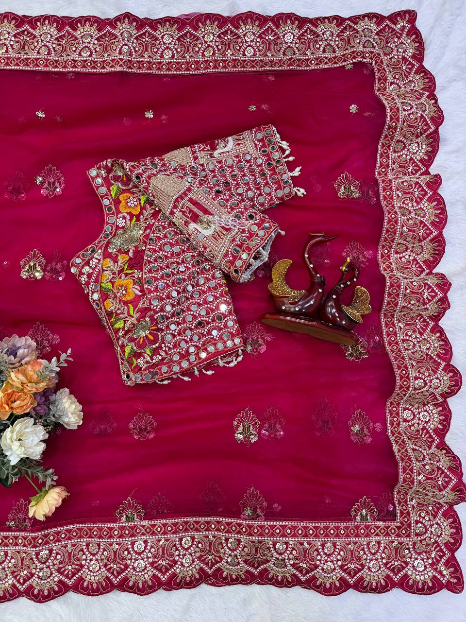 Soft Butterfly Net Fabric Sequance and multi thread Embroidery Work Saree