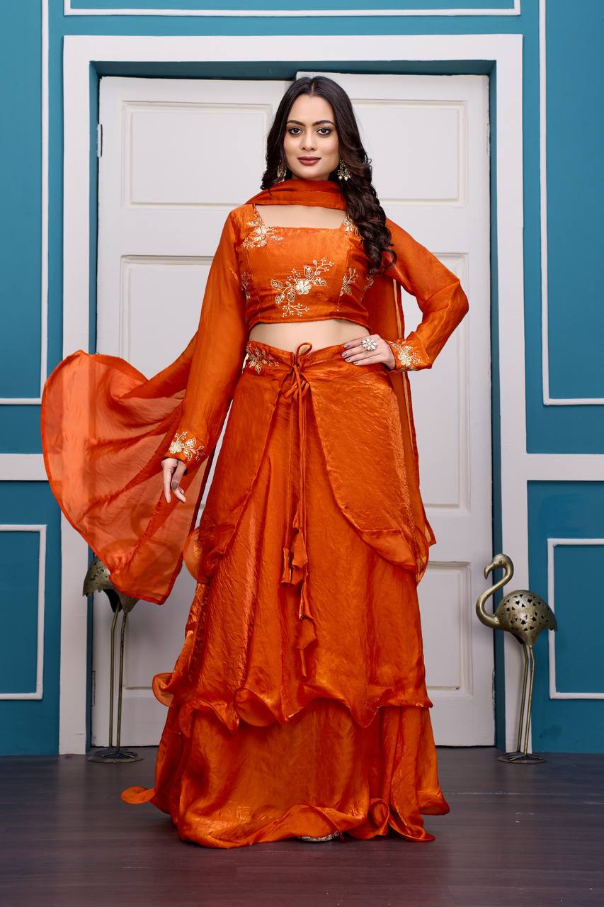 Heavy Fandy Satin with  Embroidery & Sequins Work Lehenga