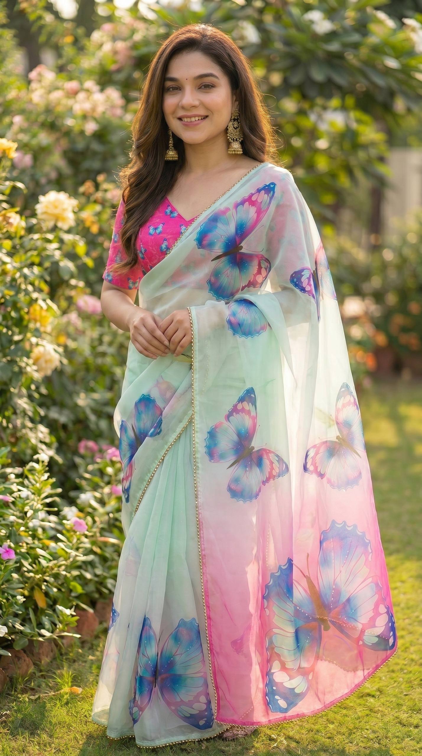 Digital Print with pearl lace border saree