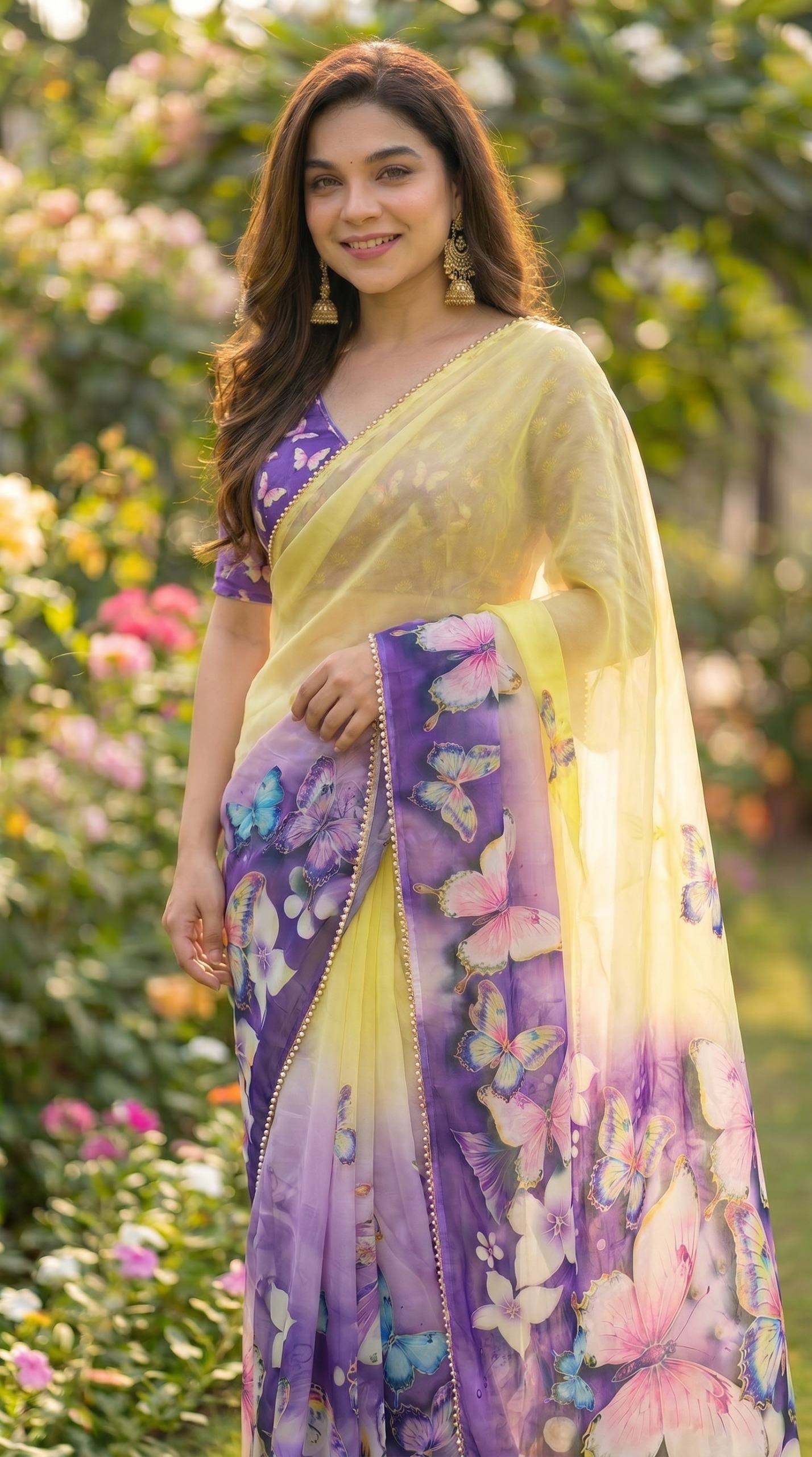 Digital Print with pearl lace border saree