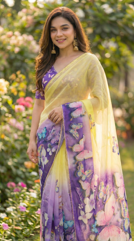 Digital Print with pearl lace border saree