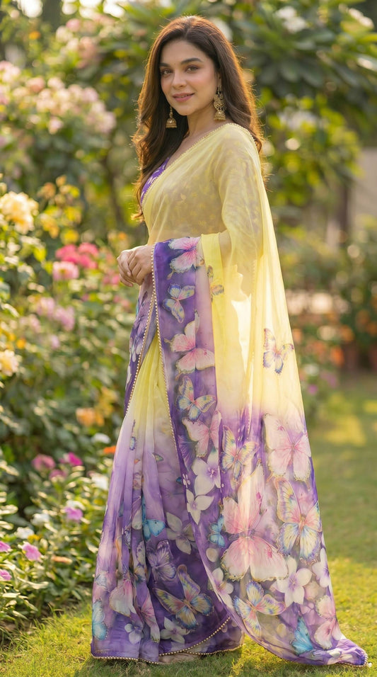 Digital Print with pearl lace border saree
