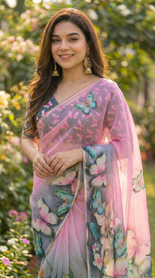 Digital Print with pearl lace border saree