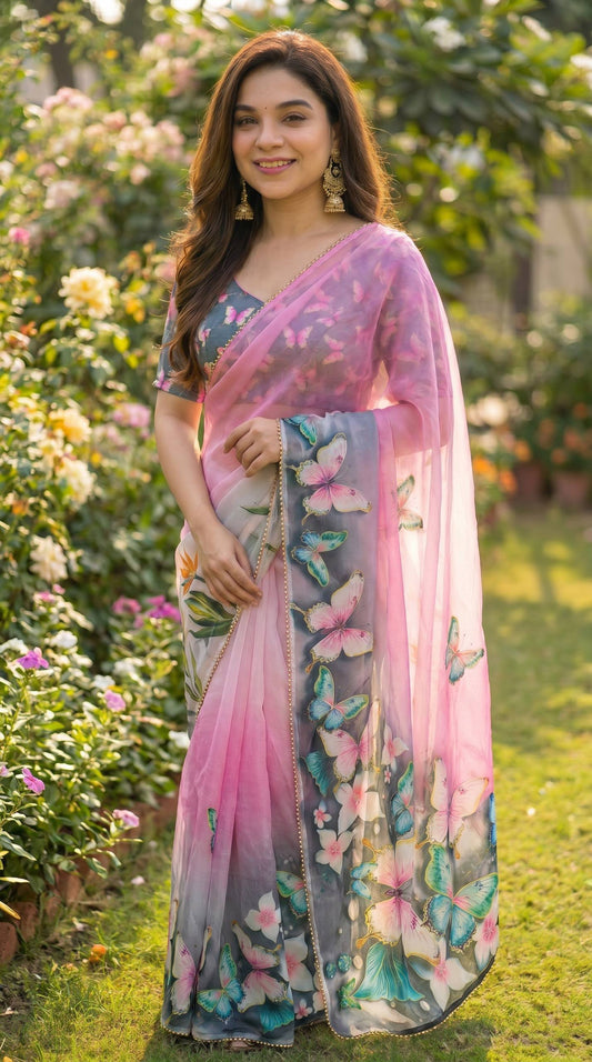 Digital Print with pearl lace border saree