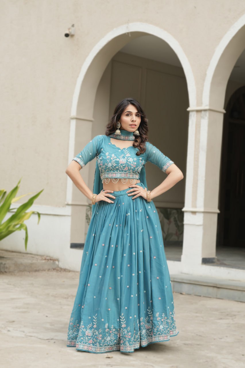 Star Gorgette Embroidery n Pipe Bead With Traditional Work Lehenga