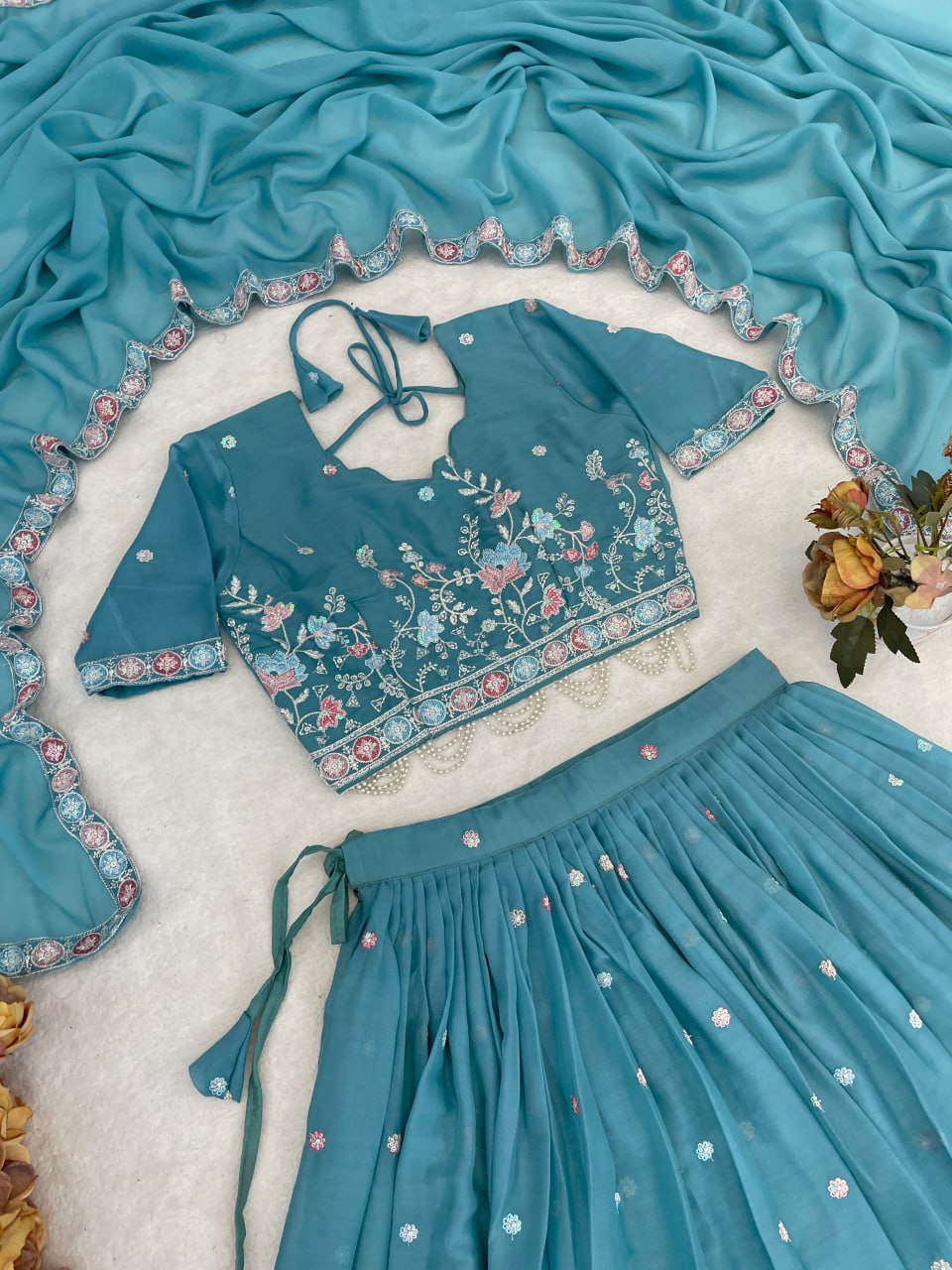 Star Gorgette Embroidery n Pipe Bead With Traditional Work Lehenga