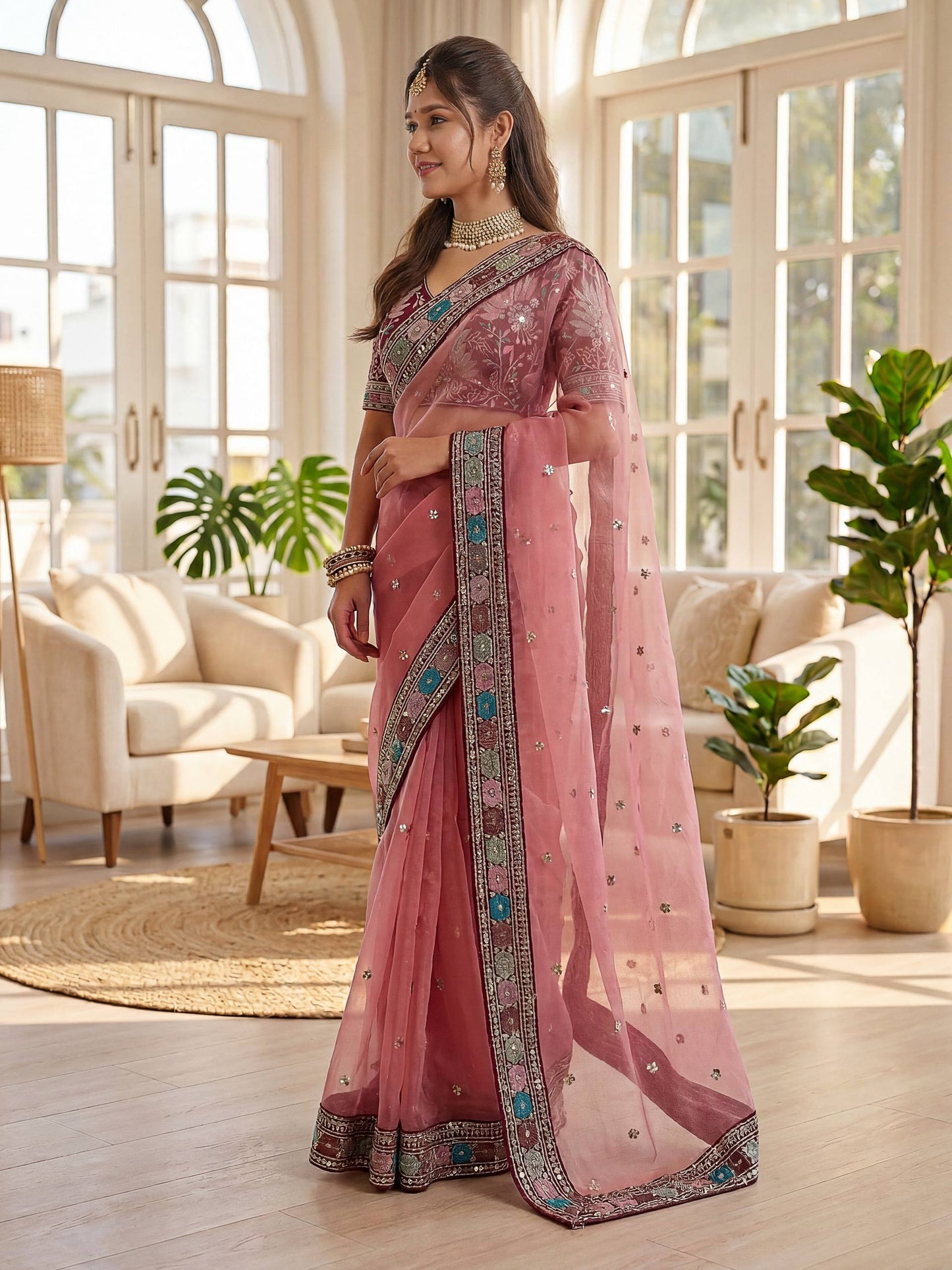 Orgenza Silk Embroidery Design Work With Embroidery Lace Border Saree