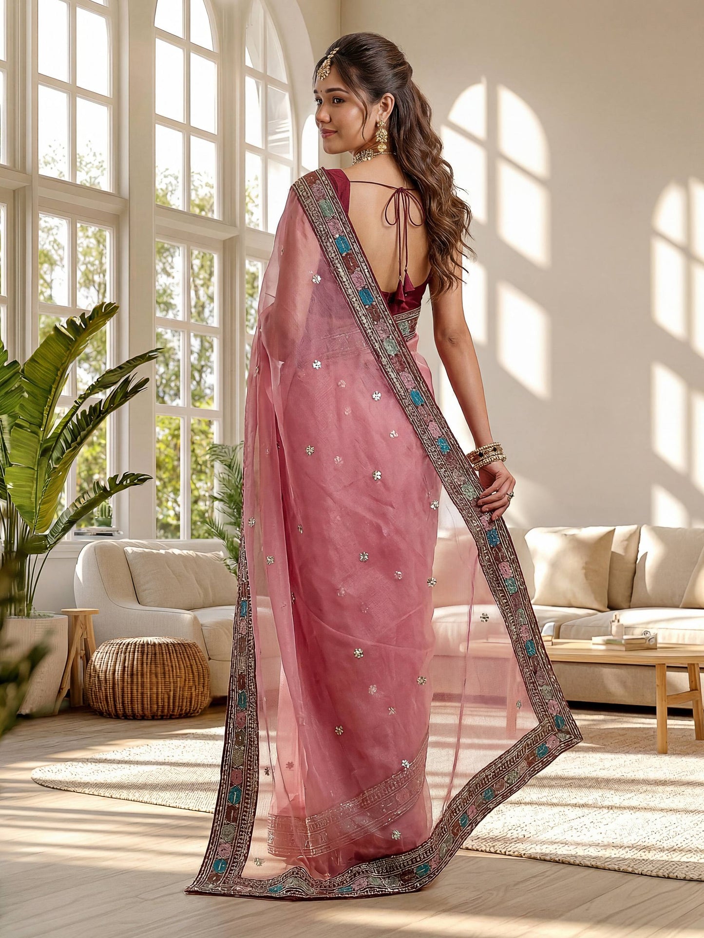 Orgenza Silk Embroidery Design Work With Embroidery Lace Border Saree