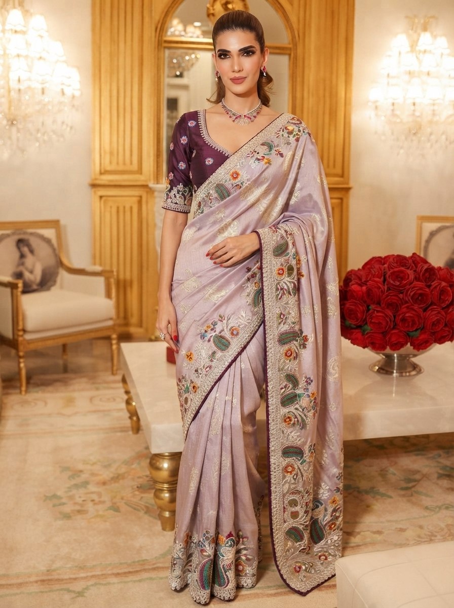 Wedding Wear Pure Kanjivarm Silk Heavy Embroidery Work Saree