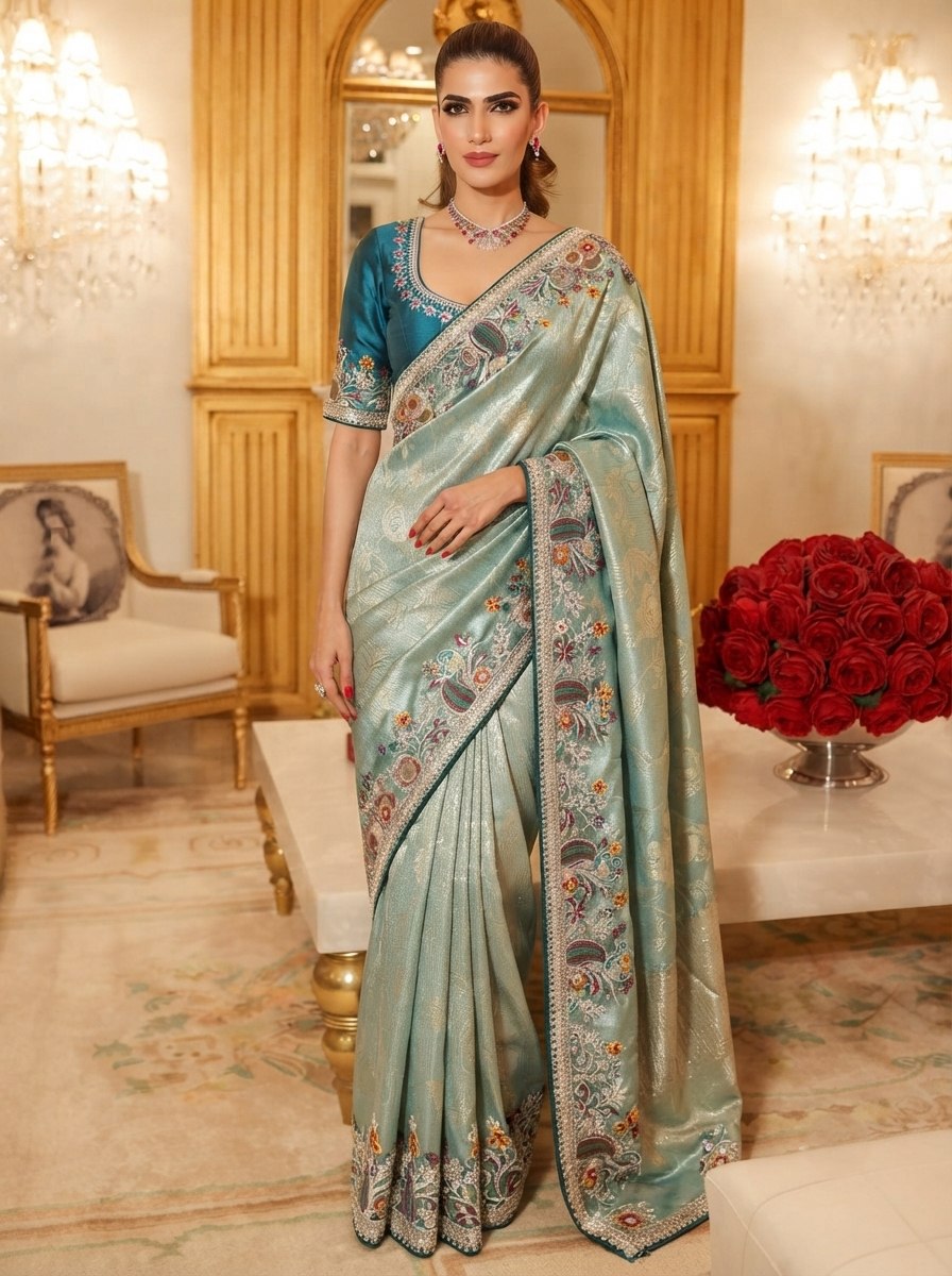 Wedding Wear Pure Kanjivarm Silk Heavy Embroidery Work Saree
