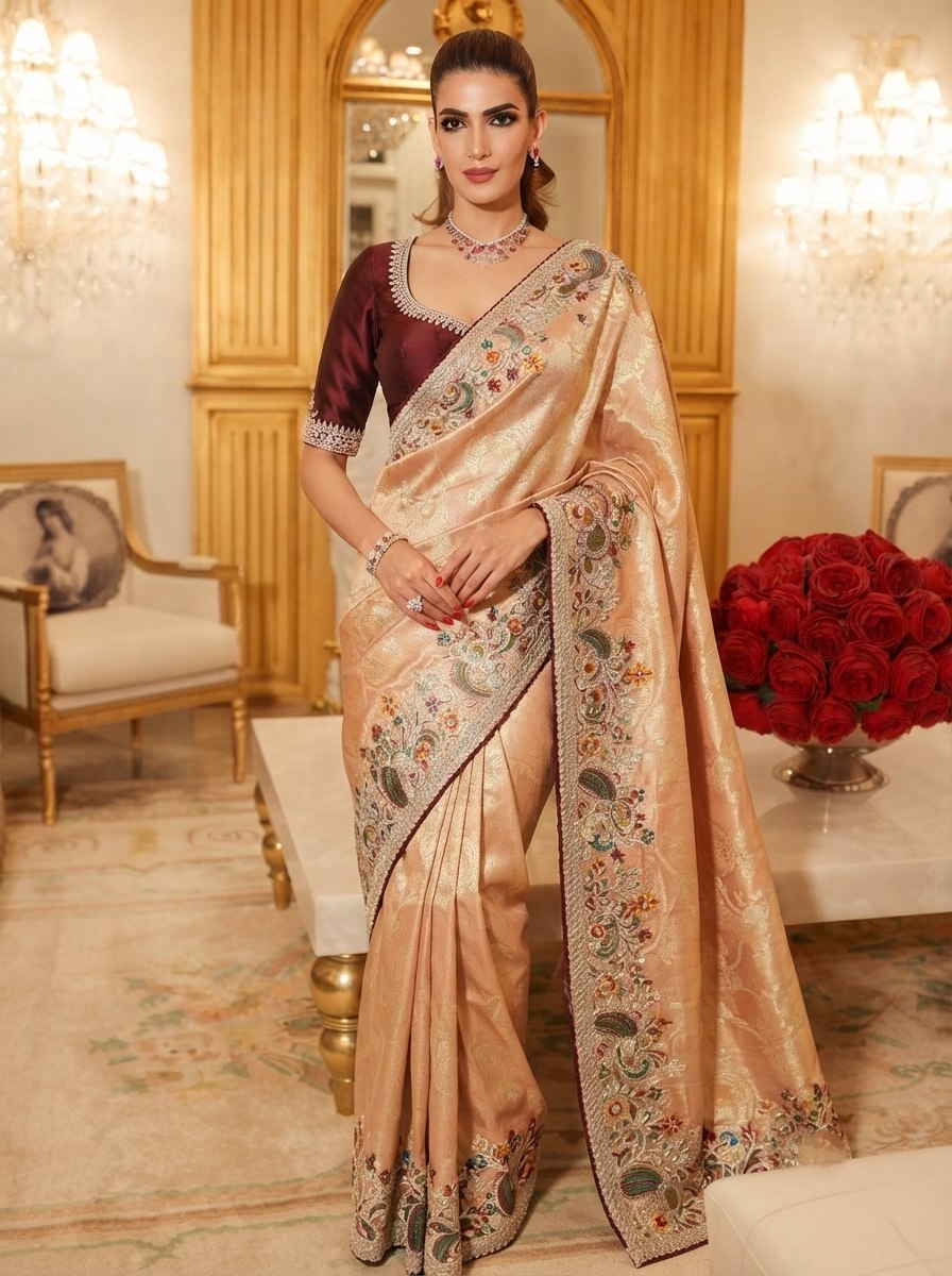 Wedding Wear Pure Kanjivarm Silk Heavy Embroidery Work Saree