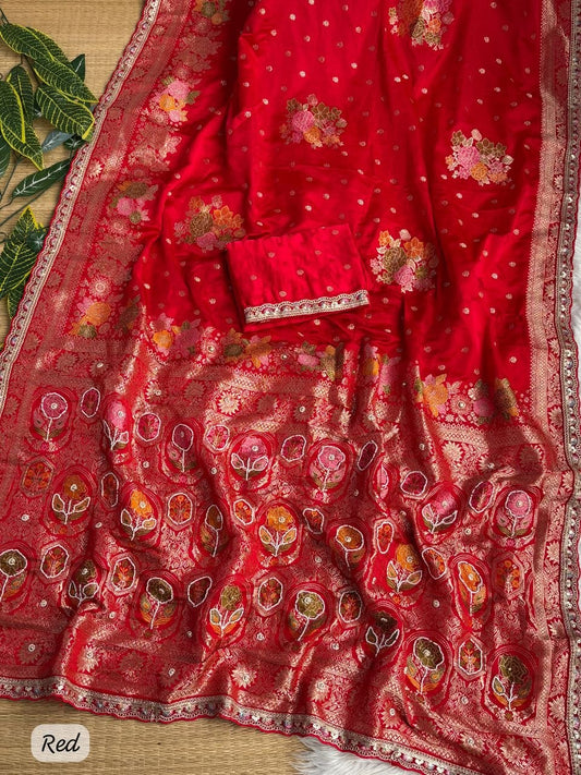Pure Sartin saree with weaving jaquard nd mina work