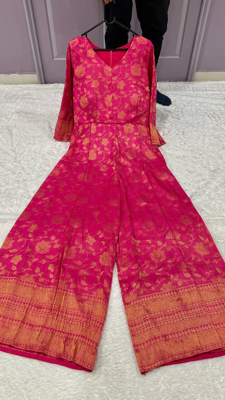 Banarasi silk jacquard jumpsuit with pocket & back zip