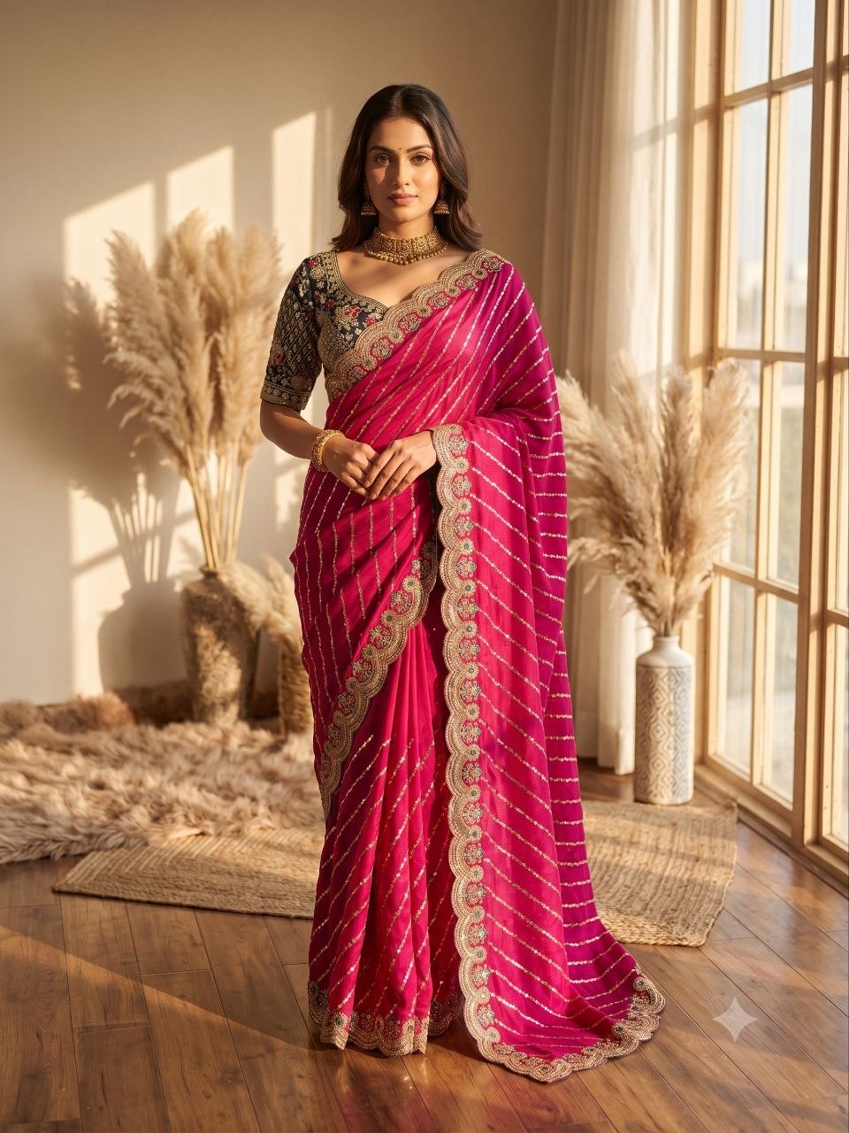 Soft Space Silk Bead sequins and Zari Embroidery Work Saree