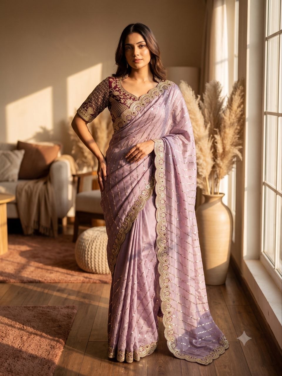 Soft Space Silk Bead sequins and Zari Embroidery Work Saree