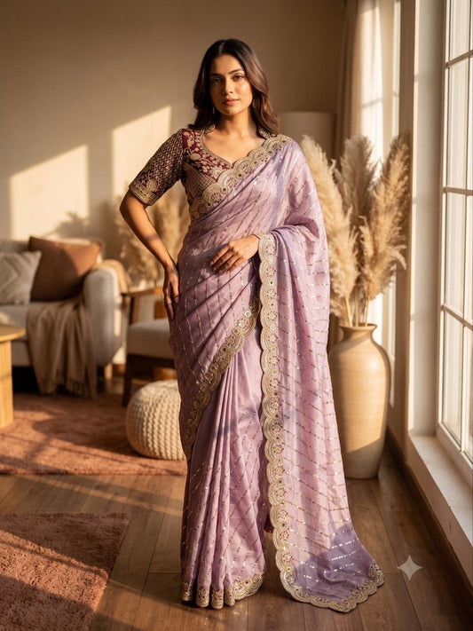 Soft Space Silk Bead sequins and Zari Embroidery Work Saree