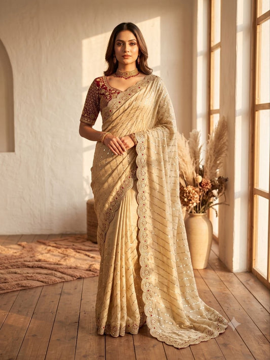 Soft Space Silk Bead sequins and Zari Embroidery Work Saree