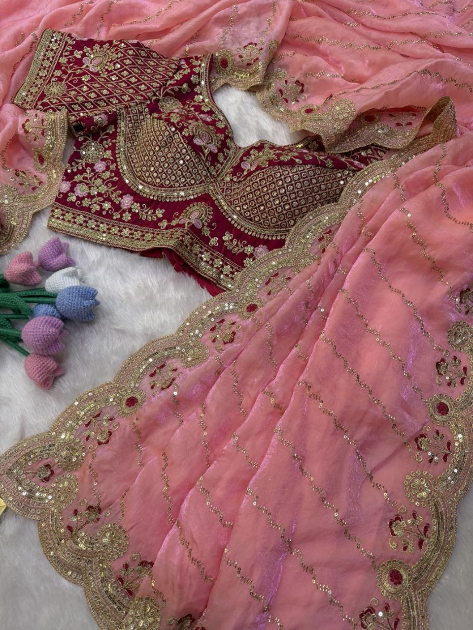 Soft Space Silk Bead sequins and Zari Embroidery Work Saree