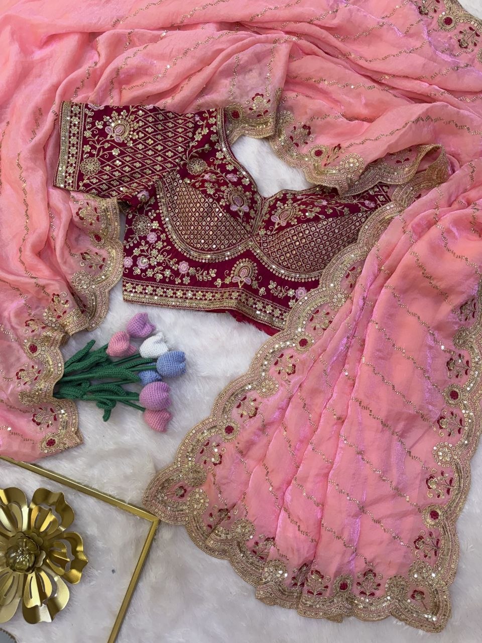 Soft Space Silk Bead sequins and Zari Embroidery Work Saree