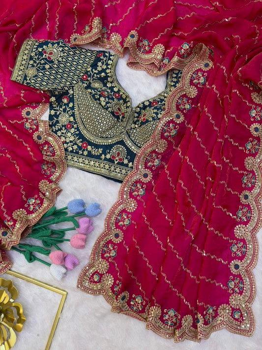 Soft Space Silk Bead sequins and Zari Embroidery Work Saree