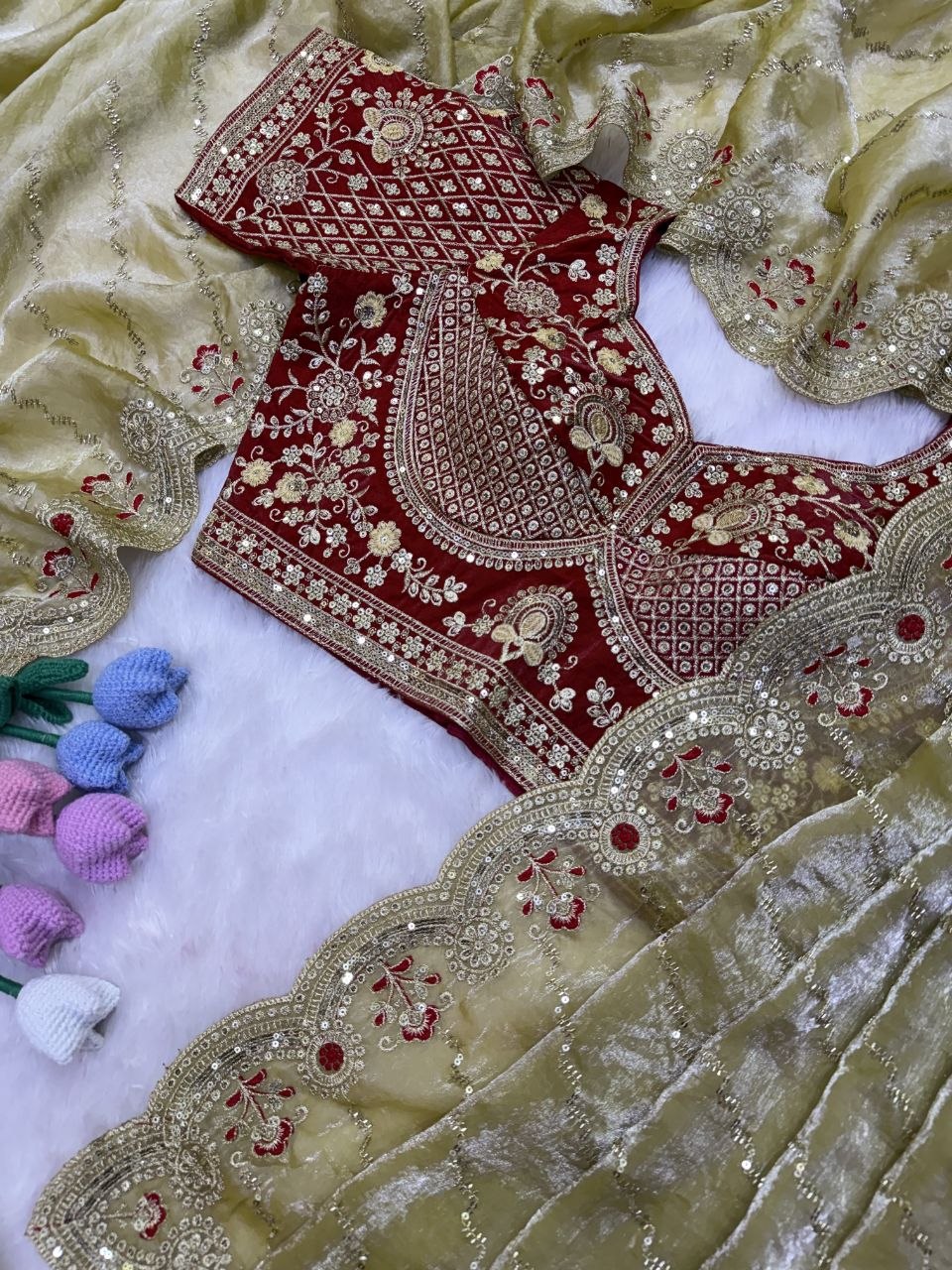 Soft Space Silk Bead sequins and Zari Embroidery Work Saree