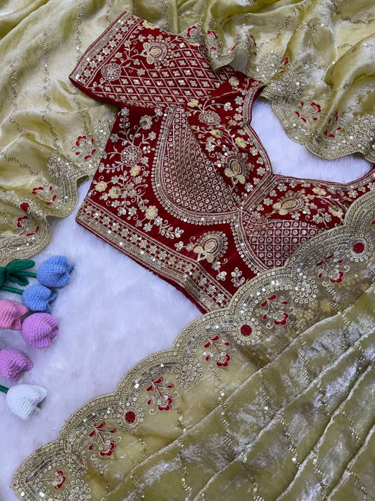 Soft Space Silk Bead sequins and Zari Embroidery Work Saree