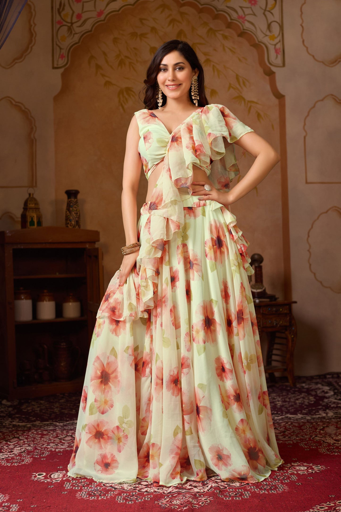 Soft Georgette digital painted floral design lehenga