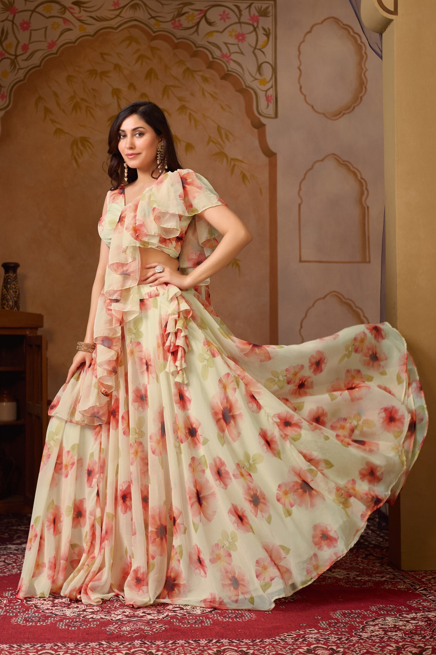 Soft Georgette digital painted floral design lehenga