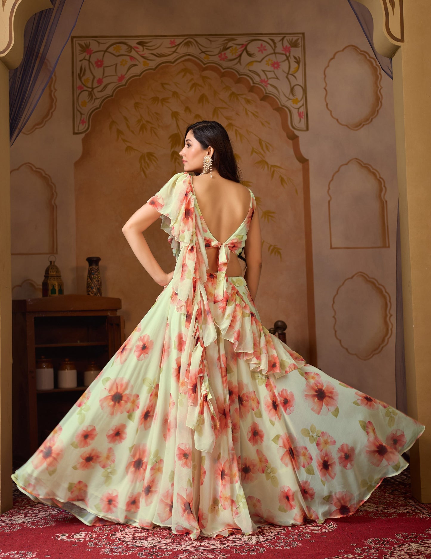 Soft Georgette digital painted floral design lehenga