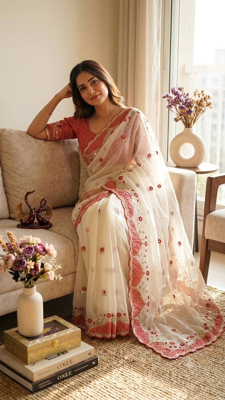 Beautiful Aplic work with sequins and thread Embroidery Work Saree