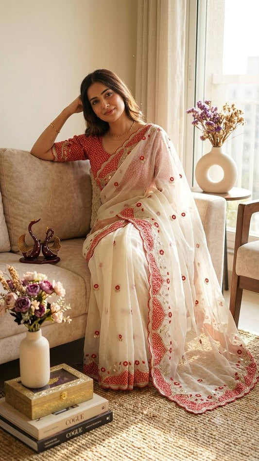 Beautiful Aplic work with sequins and thread Embroidery Work Saree