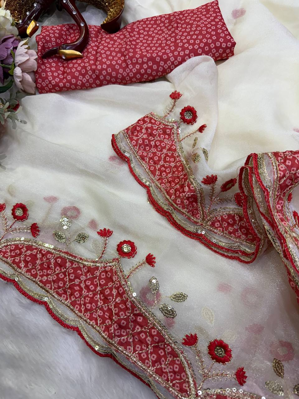 Beautiful Aplic work with sequins and thread Embroidery Work Saree