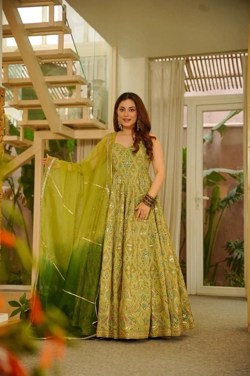 Digital printed Jimy organza silk suit with huge flair