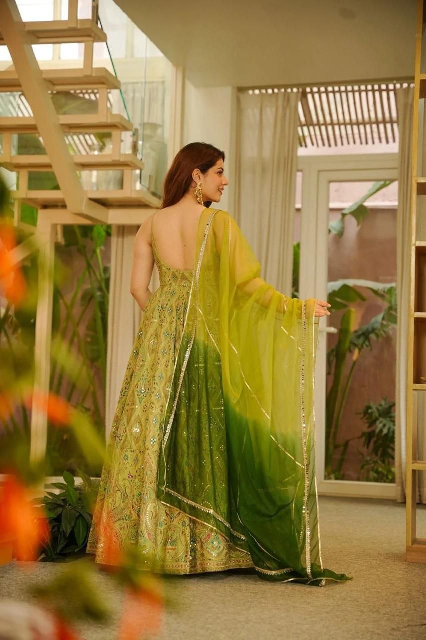 Digital printed Jimy organza silk suit with huge flair