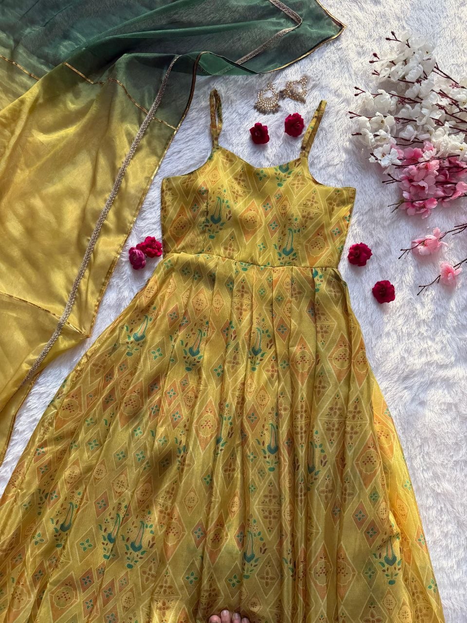 Digital printed Jimy organza silk suit with huge flair