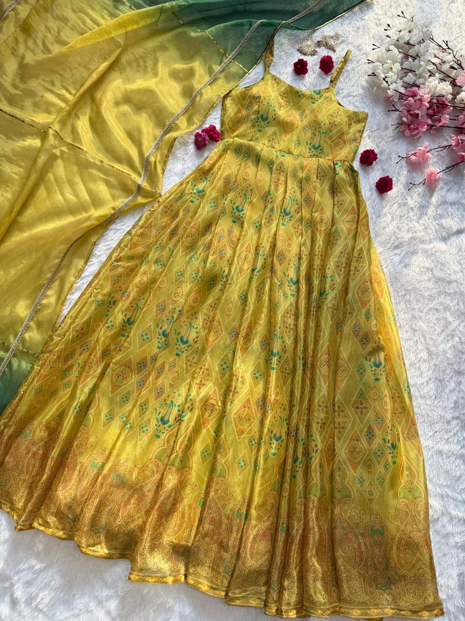 Digital printed Jimy organza silk suit with huge flair
